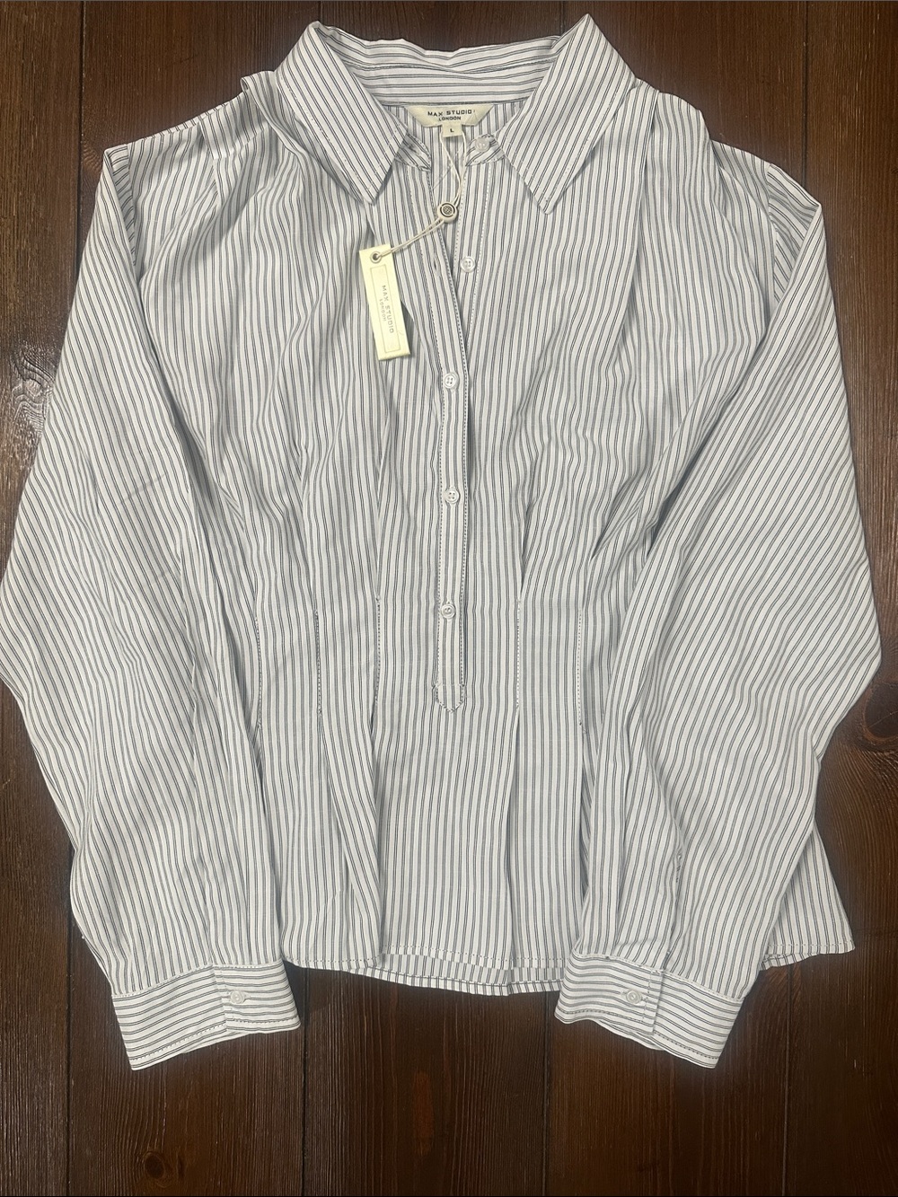 Max Studio White and Blue Striped Women's Button-Down Shirt